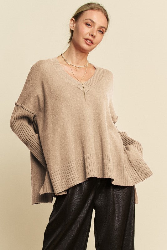 Davi & Dani Ribbed Side Slit V-Neck Sweater-Angel Casuals