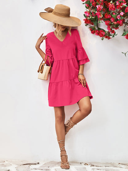 V-Neck Flare Sleeve Mini Dress-Angel Casuals