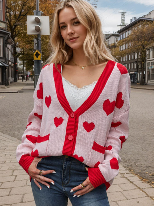 Heart Button Up Dropped Shoulder Long Sleeve Cardigan-Angel Casuals