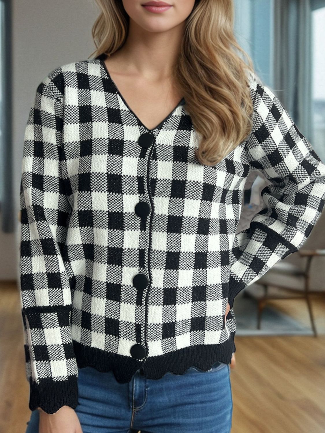 Plaid V-Neck Button Up Cardigan-Angel Casuals