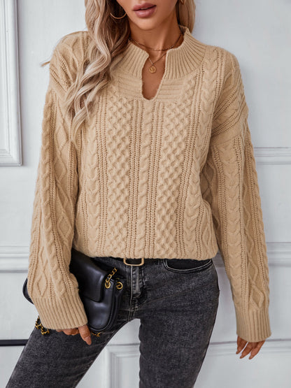 Cable-Knit Notched Long Sleeve Sweater-Angel Casuals