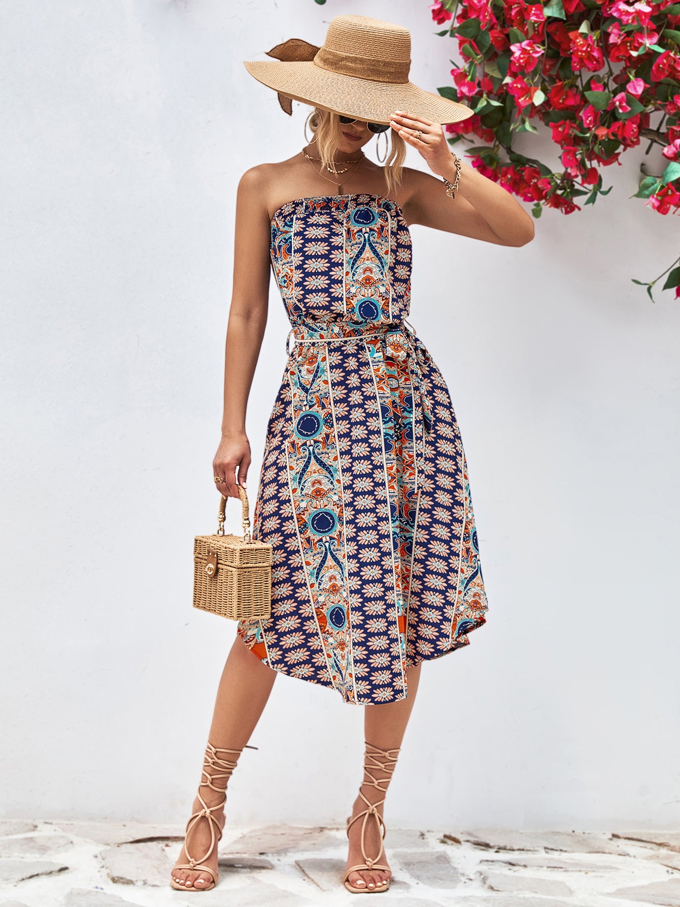 Printed Strapless Tie Belt Dress-Angel Casuals