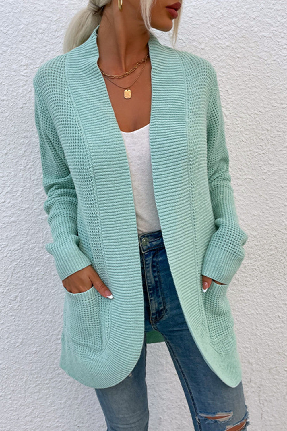 Open Front Rib-Knit Cardigan with Pockets-Angel Casuals