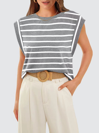 Striped Round Neck Cap Sleeve T-Shirt-Angel Casuals