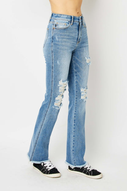 Judy Blue Full Size Distressed Raw Hem Bootcut Jeans-Angel Casuals