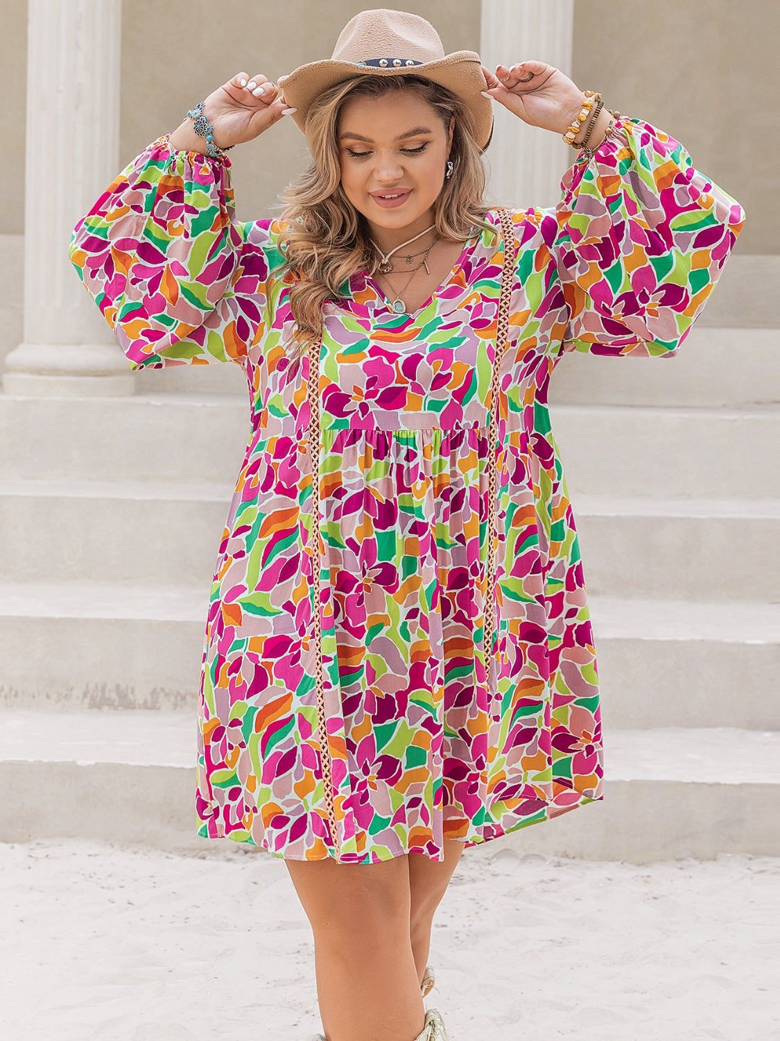 Plus Size Printed V-Neck Balloon Sleeve Mini Dress-Angel Casuals