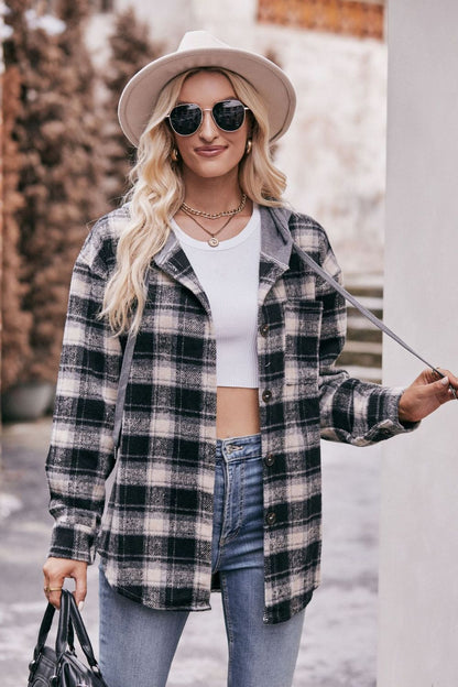 Plaid Dropped Shoulder Hooded Longline Jacket-Angel Casuals