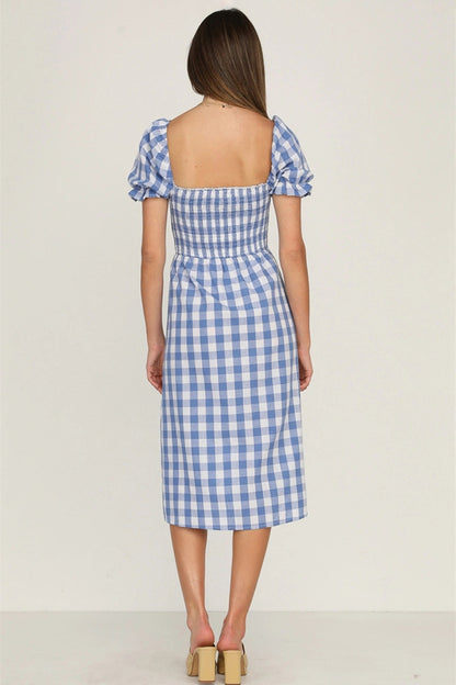 Full Size Slit Plaid Short Sleeve Midi Dress-Angel Casuals