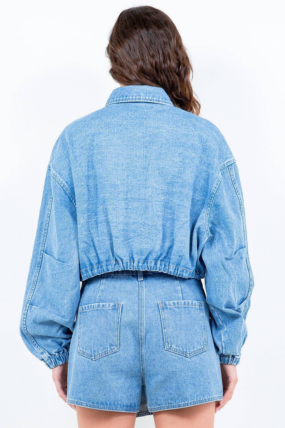 American Bazi Drawstring Waist Crop Denim Jacket-Angel Casuals