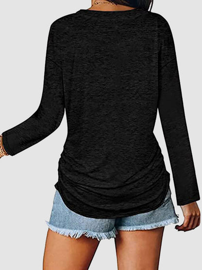 Ruched V-Neck Long Sleeve T-Shirt-Angel Casuals