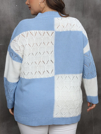 Plus Size Openwork Color Block Long Sleeve Sweater-Angel Casuals