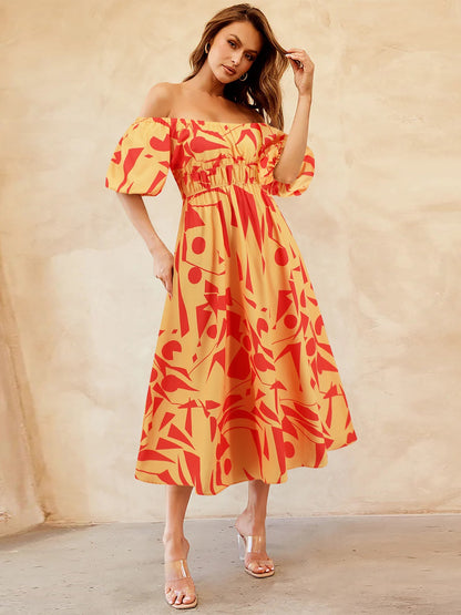 Printed Off-Shoulder Balloon Sleeve Dress-Angel Casuals