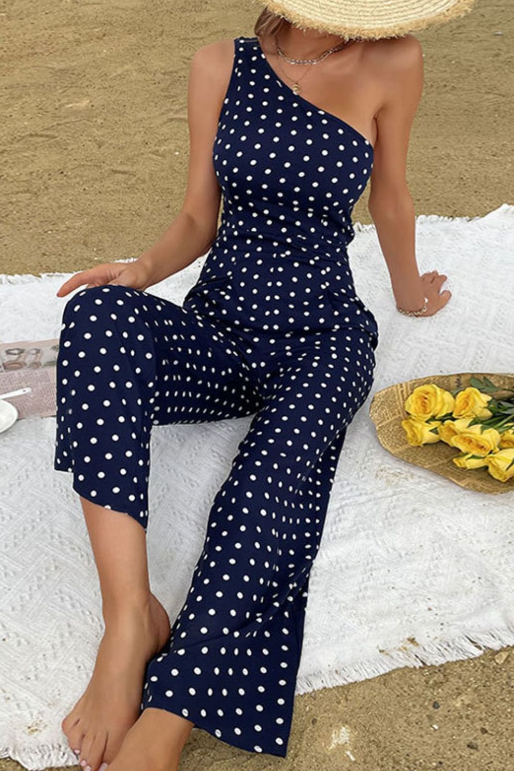 Polka Dot One-Shoulder Jumpsuit-Angel Casuals