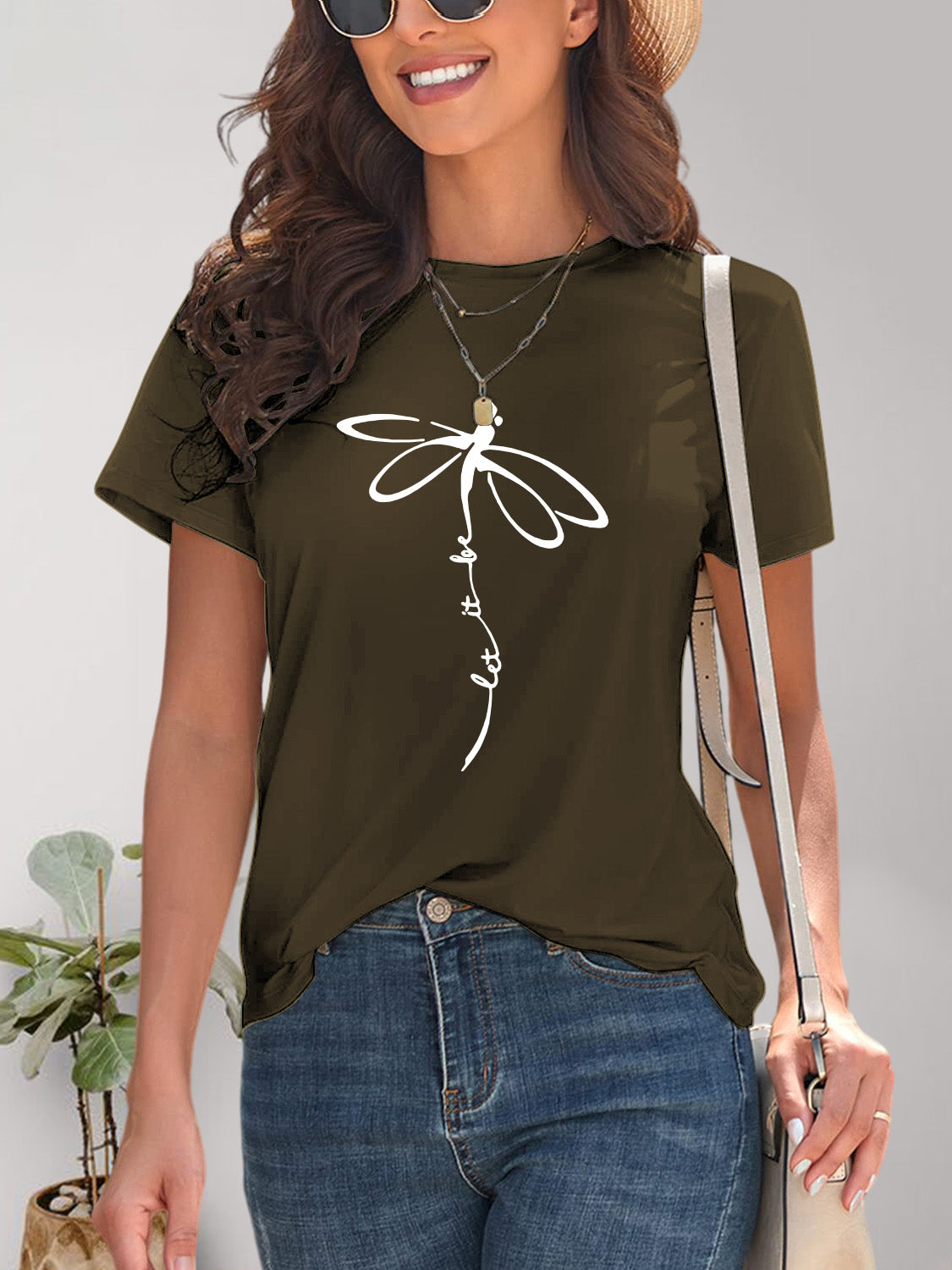 Dragonfly Graphic Round Neck Short Sleeve T-Shirt-Angel Casuals