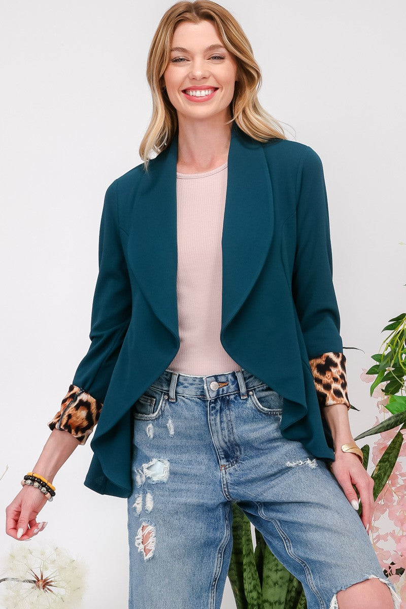 Celeste Full Size Rolled Leopard Cuff Open Front Blazer-Angel Casuals