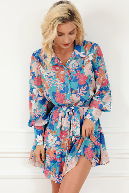 Floral Tie Waist Lantern Sleeve Ruffled Hem Mini Dress-Angel Casuals