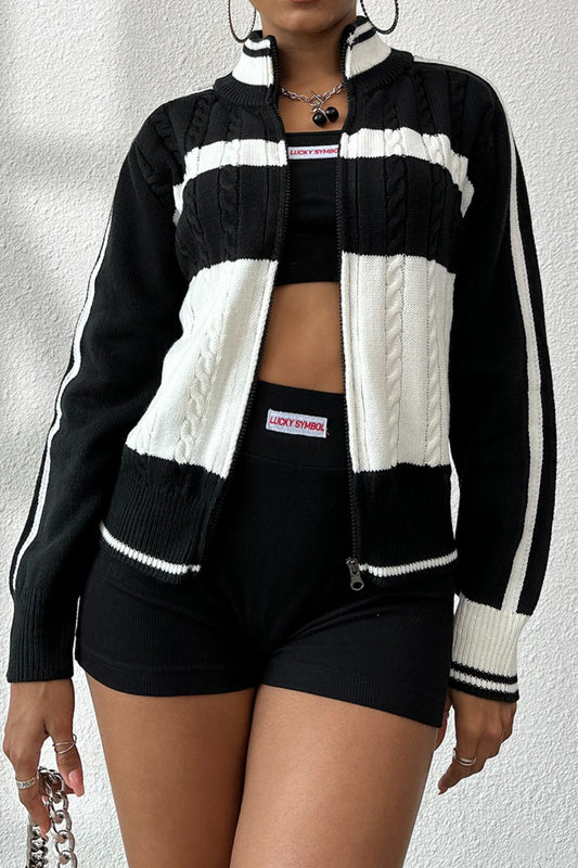 Cable-Knit Color Block Raglan Sleeve Cardigan-Angel Casuals
