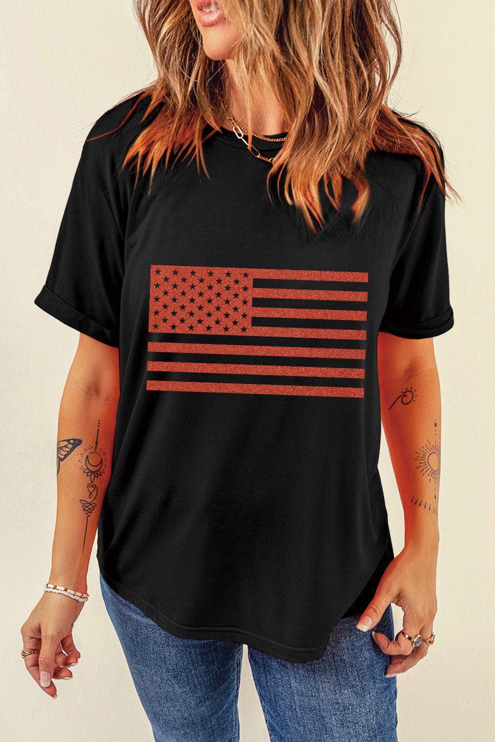 US Flag Round Neck Short Sleeve T-Shirt-Angel Casuals