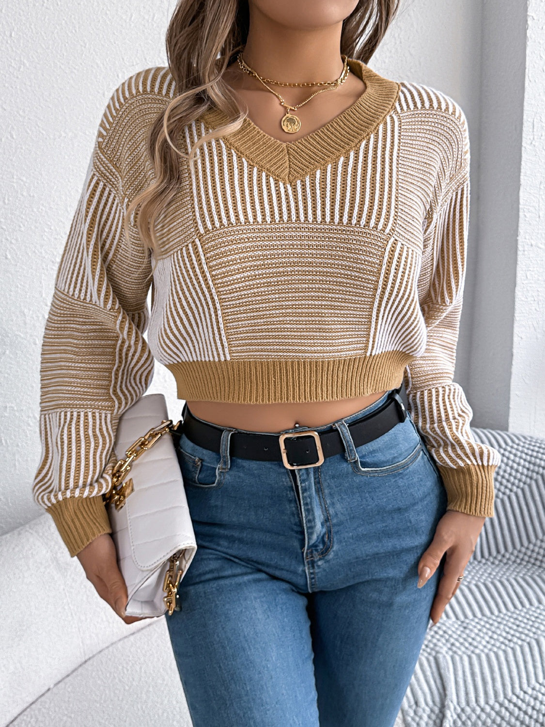 Striped V-Neck Long Sleeve Sweater-Angel Casuals