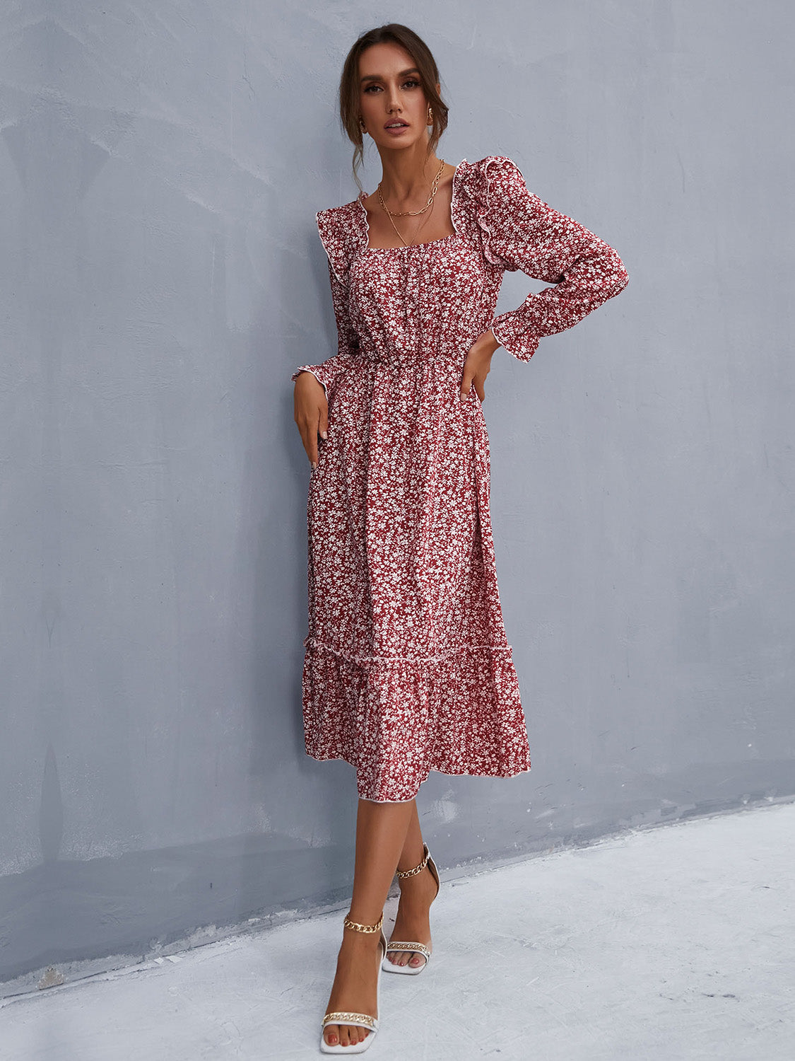 Ruffled Ditsy Floral Flounce Sleeve Dress-Angel Casuals