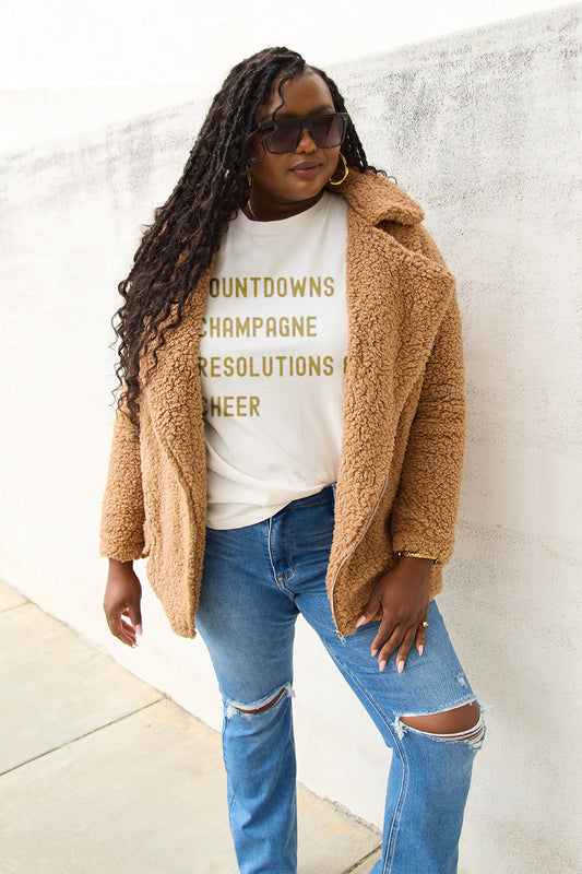 Simply Love Full Size COUNTDOWNS CHAMPAGNE RESOLUTIONS & CHEER Round Neck T-Shirt-Angel Casuals