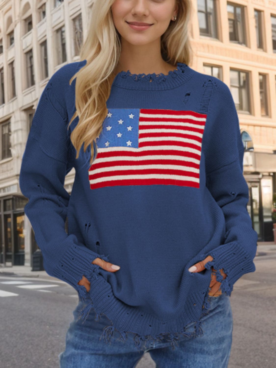 US Flag Distressed Round Neck Long Sleeve Sweater-Angel Casuals