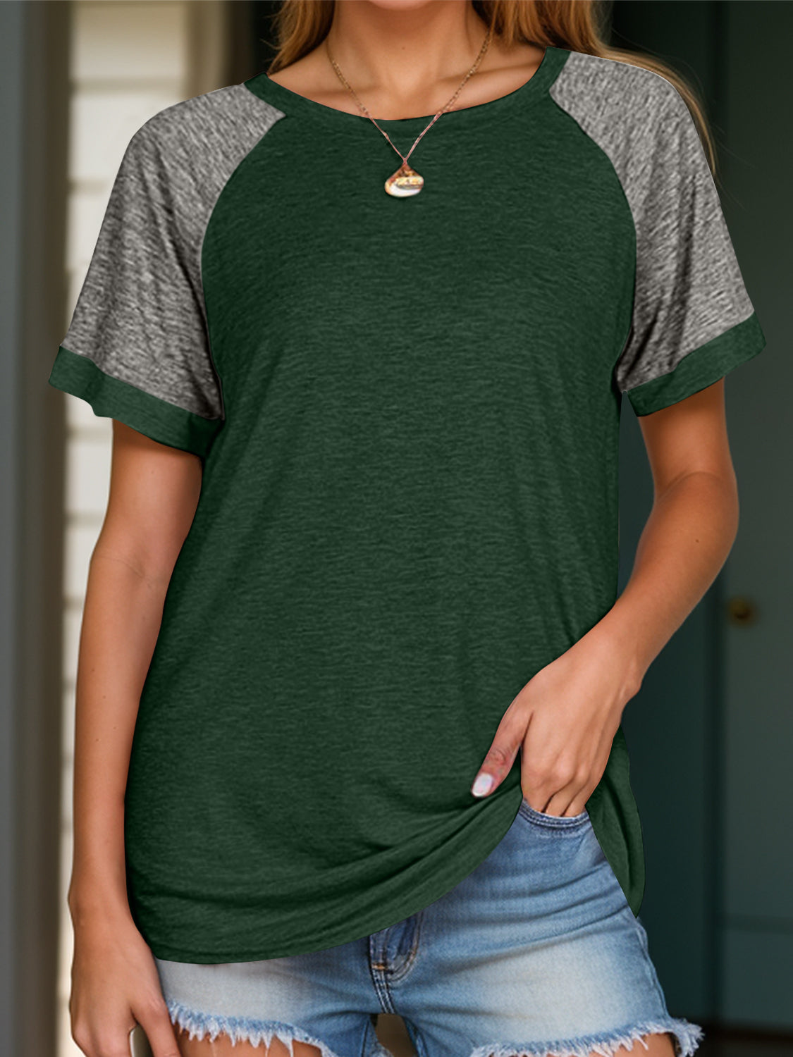 Full Size Contrast Round Neck Short Sleeve T-Shirt-Angel Casuals