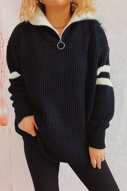 Quarter Zip Striped Dropped Shoulder Sweater-Angel Casuals