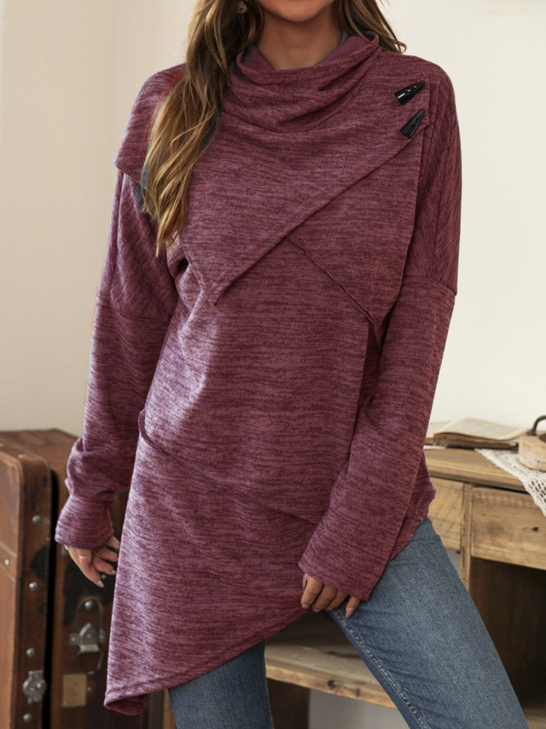 Asymmetrical Hem Cowl Neck Long Sleeve T-Shirt-Angel Casuals