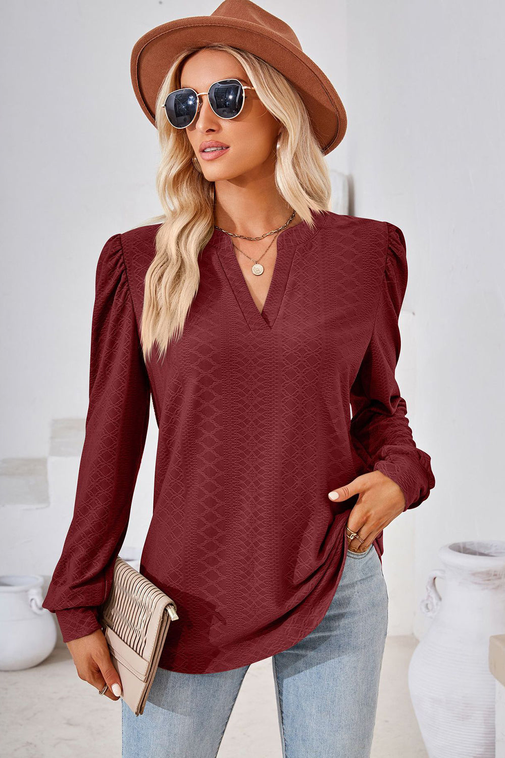 Notched Long Sleeve T-Shirt-Angel Casuals