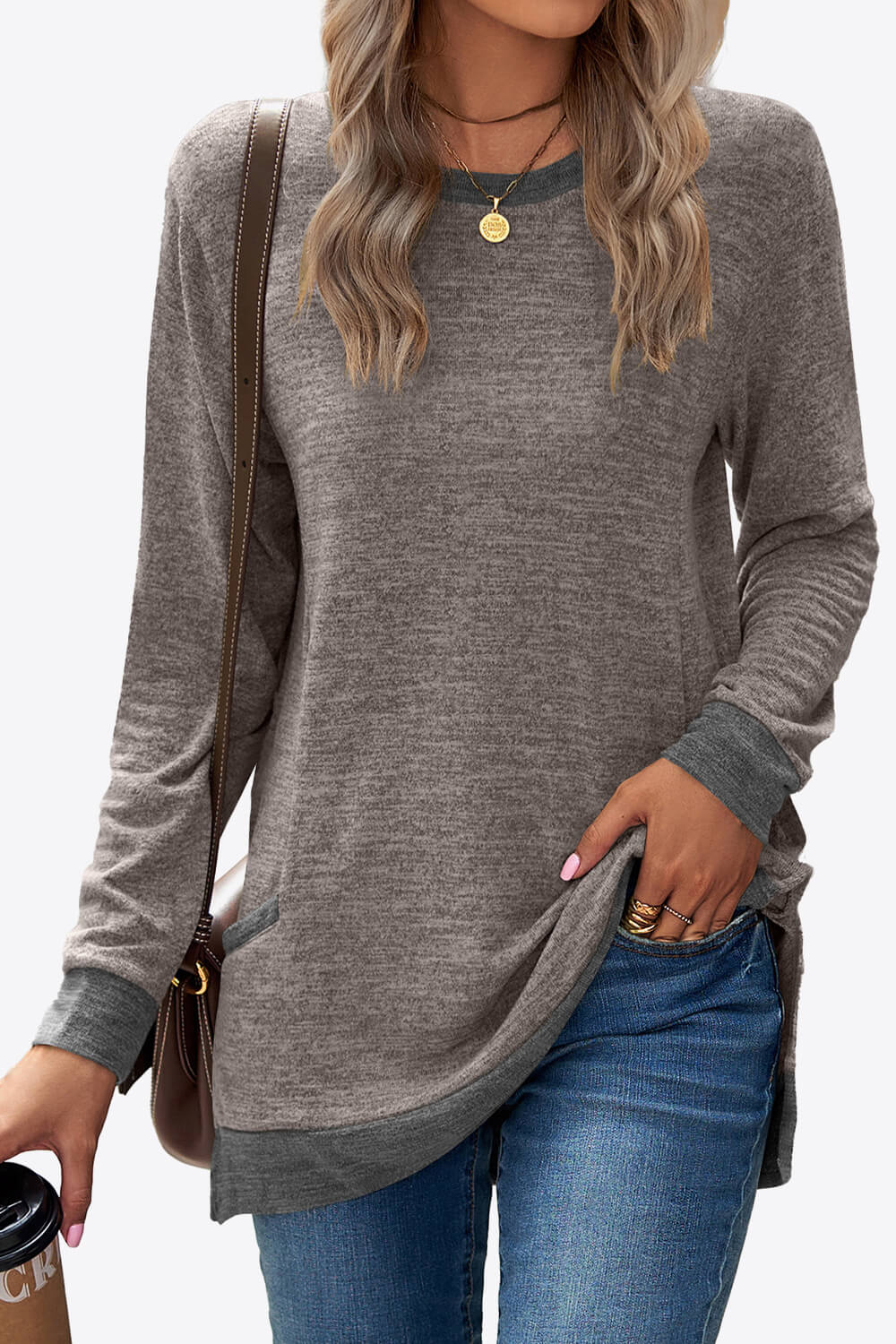 Heathered Slit Top with Pockets-Angel Casuals