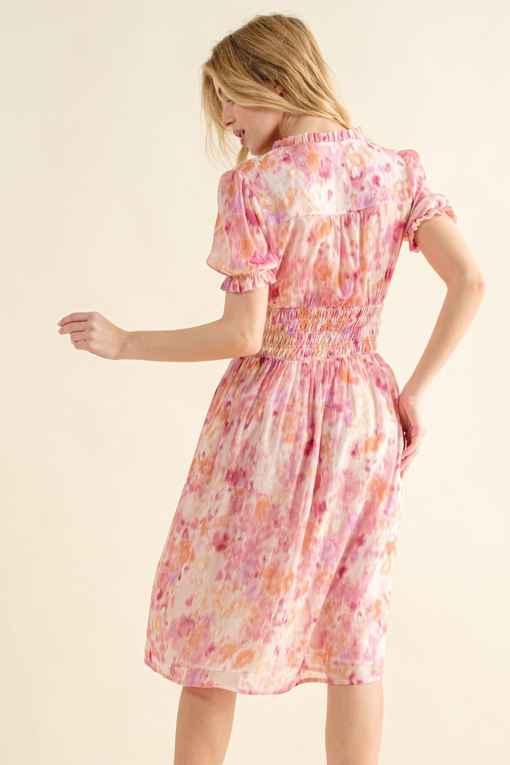 And The Why Full Size Smocked Waist Printed Midi Dress-Angel Casuals