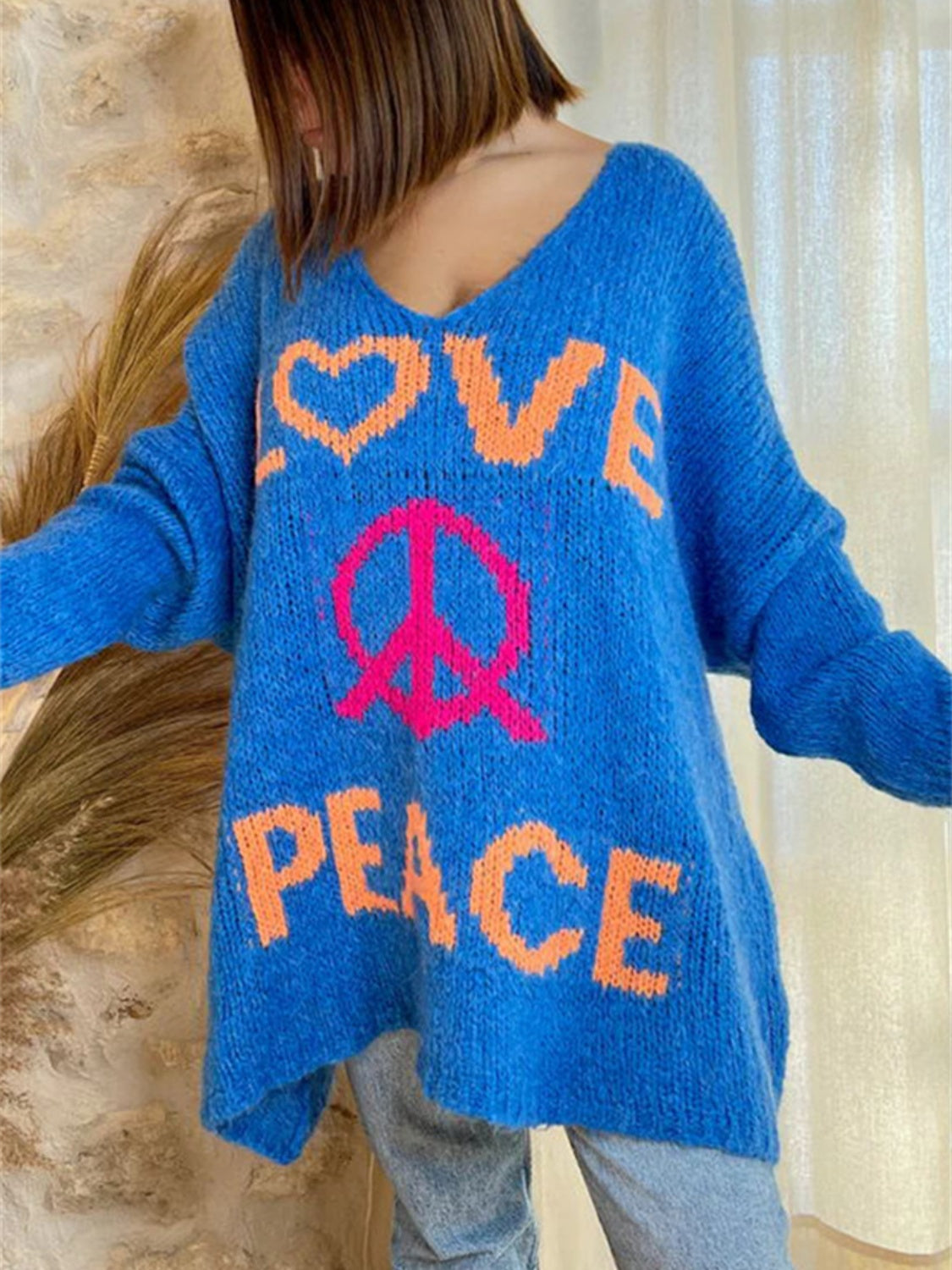 Peace Graphic V-Neck Long Sleeve Sweater-Angel Casuals