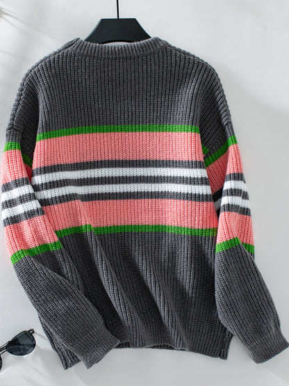 Contrast Stripes Round Neck Long Sleeve Sweater-Angel Casuals