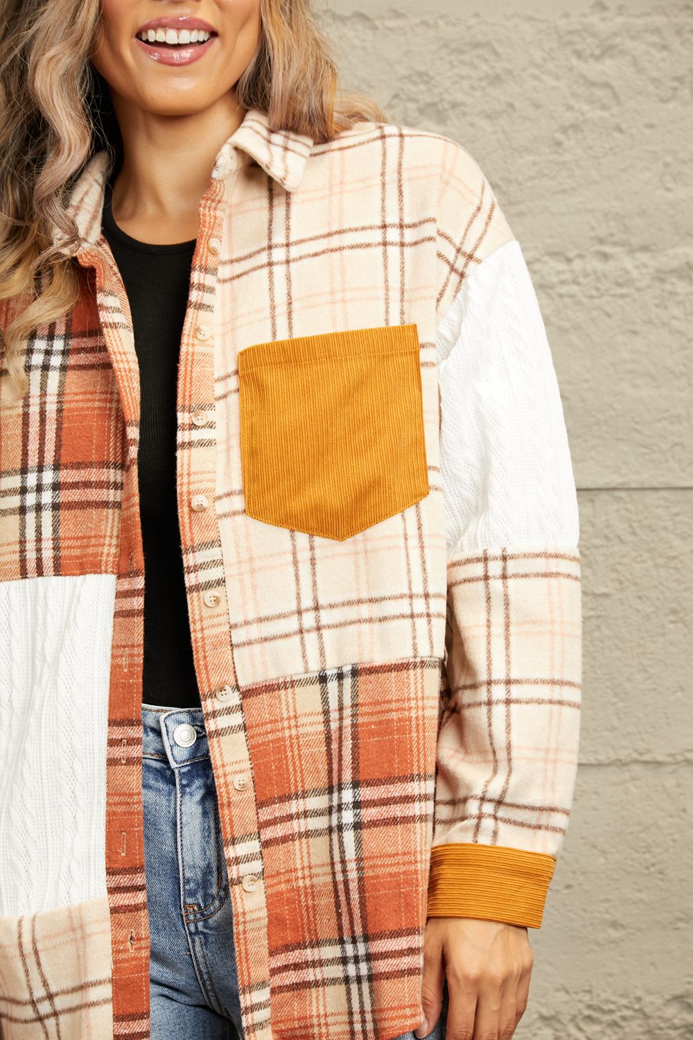 Double Take Plaid Color Block Dropped Shoulder Shacket-Angel Casuals