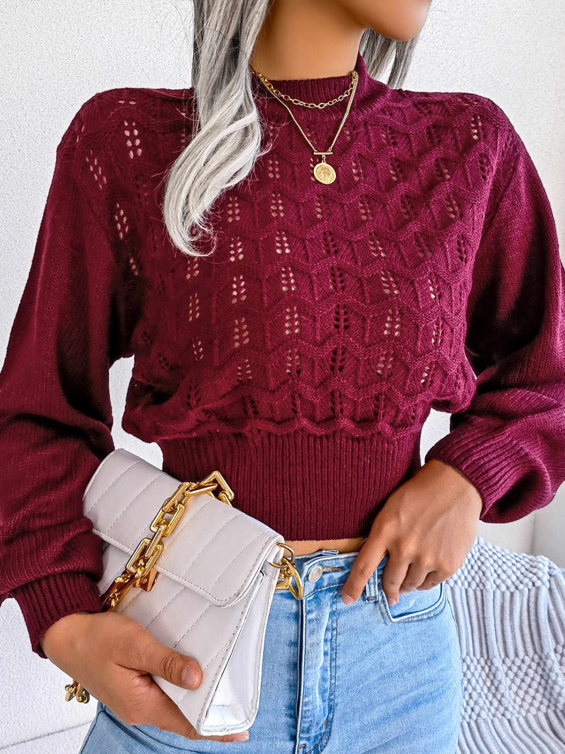 Openwork Mock Neck Long Sleeve Cropped Sweater-Angel Casuals