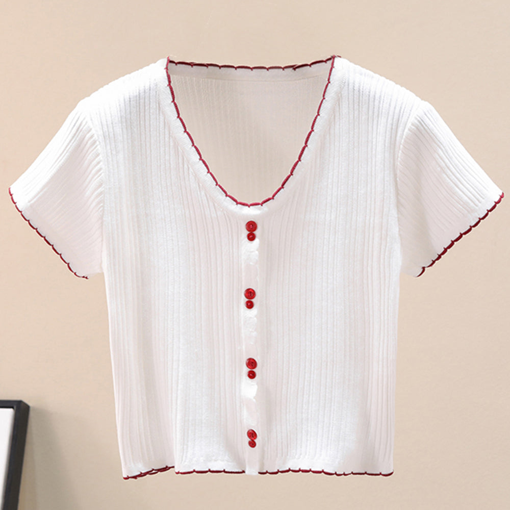 Contrast Decorative Button Short Sleeve Knit Top-Angel Casuals