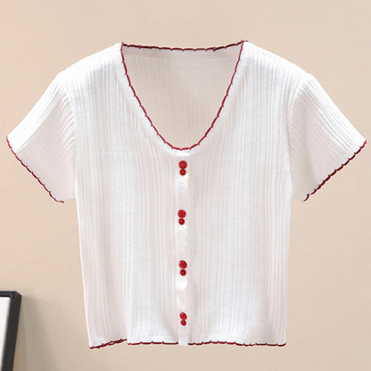 Contrast Decorative Button Short Sleeve Knit Top-Angel Casuals