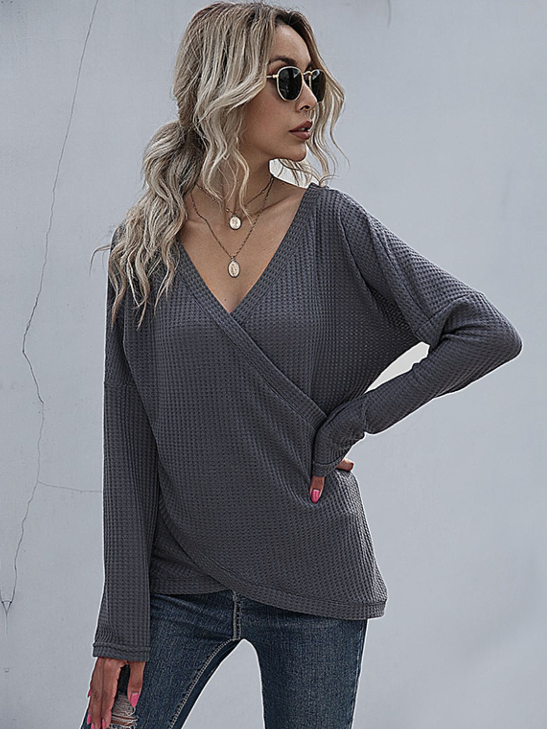 Perfee Waffle-Knit Surplice Long Sleeve Top-Angel Casuals