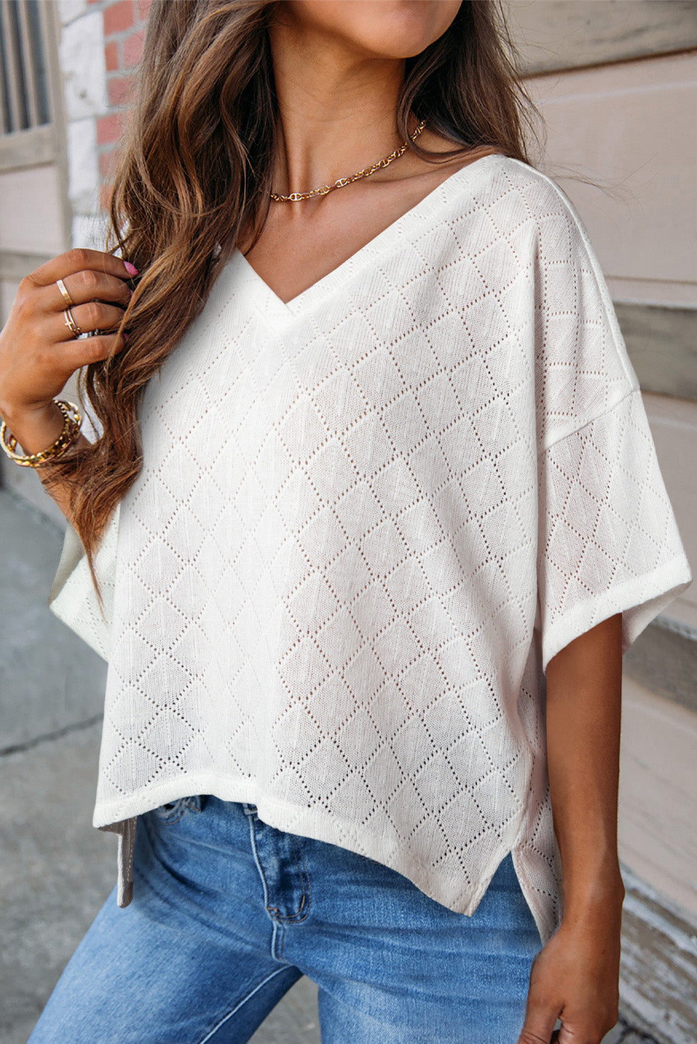 Eyelet V-Neck Dropped Shoulder T-Shirt-Angel Casuals