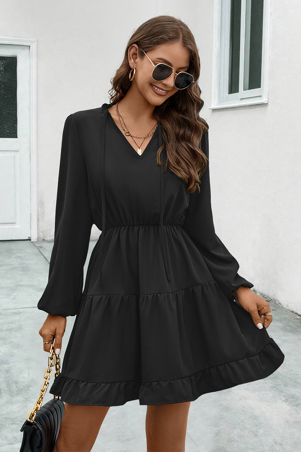 V-Neck Tie Neck Long Sleeve Dress-Angel Casuals