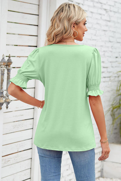 Smocked Square Neck Short Sleeve T-Shirt-Angel Casuals