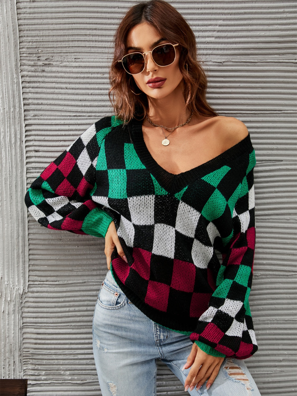 Angel Wings Checkered V-Neck Lantern Sleeve Sweater-Angel Casuals