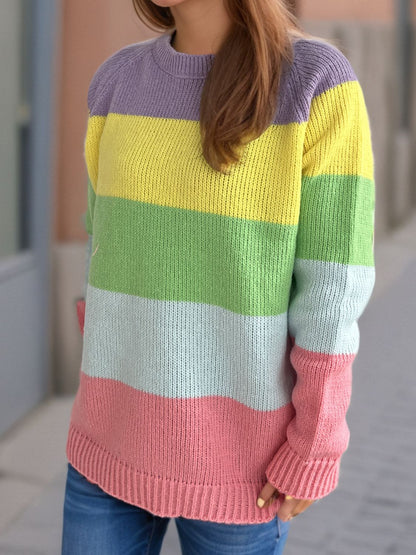 Color Block Round Neck Long Sleeve Sweater-Angel Casuals