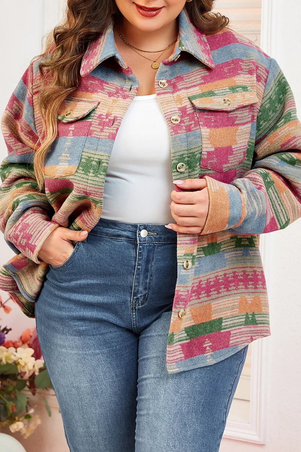 Plus Size Pocketed Printed Collared Neck Jacket-Angel Casuals