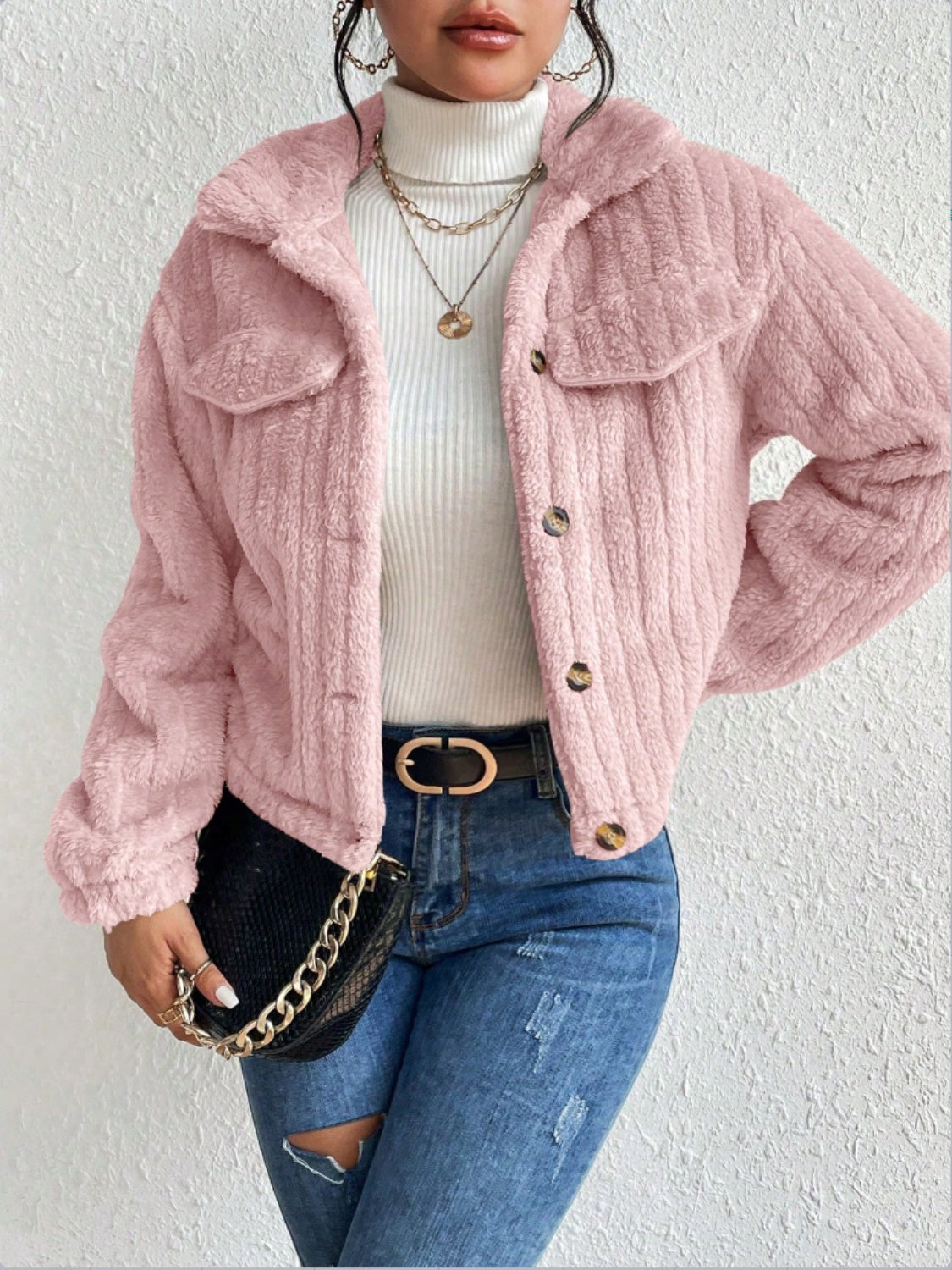Fuzzy Button Up Collared Neck Jacket-Angel Casuals