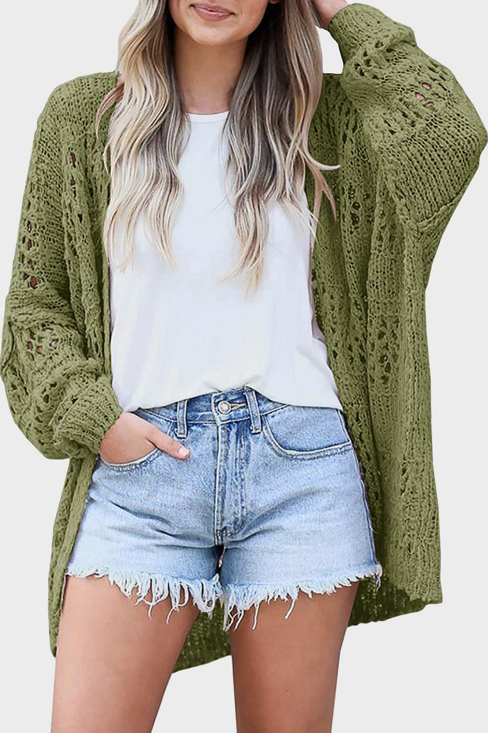 Openwork Open Front Long Sleeve Cardigan-Angel Casuals