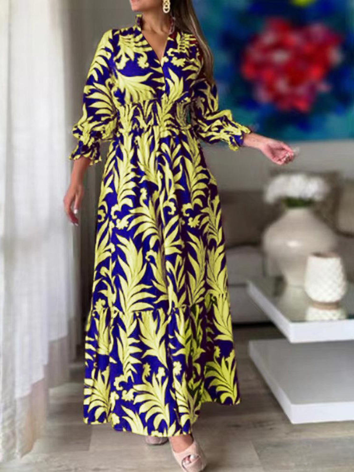 Printed Flounce Sleeve Maxi Dress-Angel Casuals