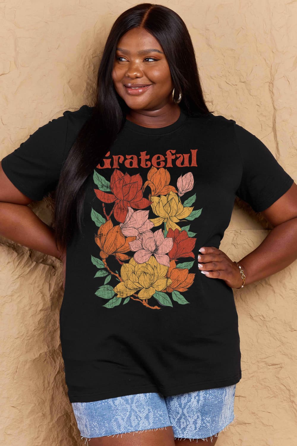 Simply Love Full Size GRATEFUL Flower Graphic Cotton T-Shirt-Angel Casuals