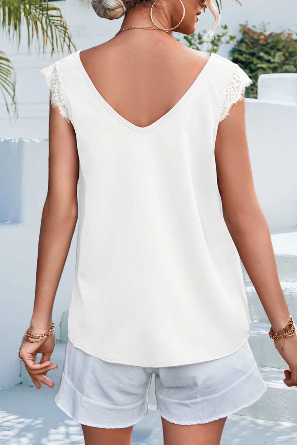 Lace Detail Eyelash Trim V-Neck Tank-Angel Casuals